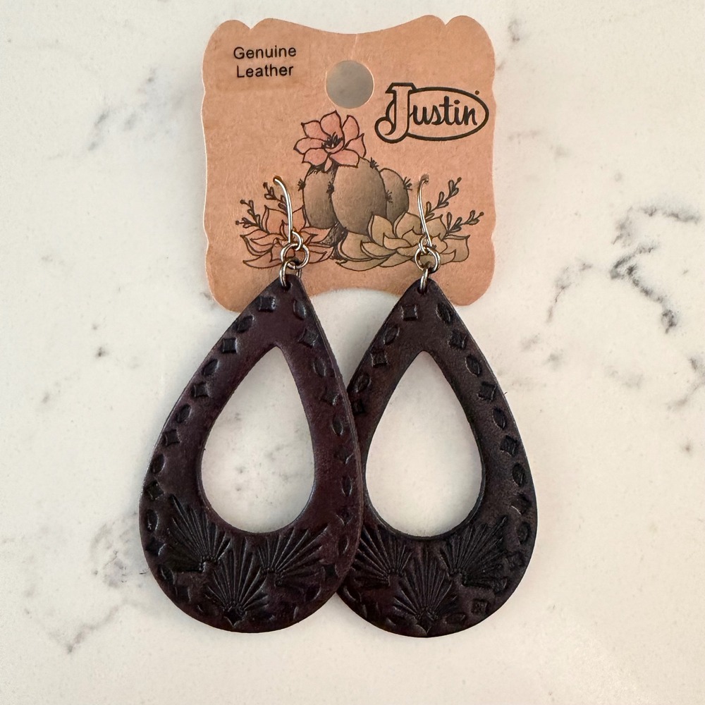 Justin Earrings Brown Genuine Leather Embossed Teardrop Western Country Cowgirl